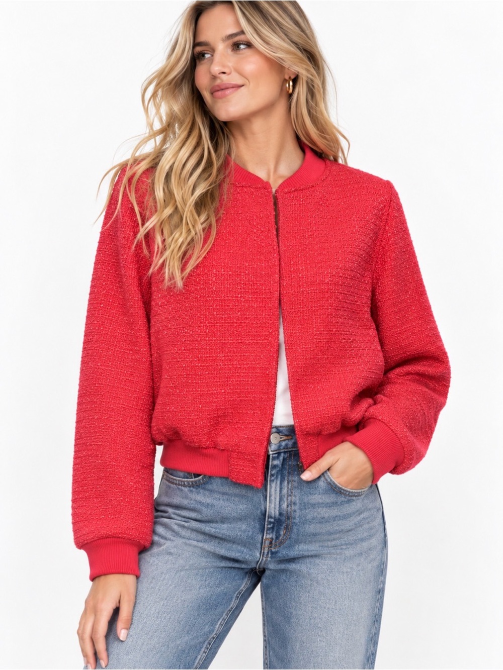 Jason Wu Red Textured Bomber Jacket. Size M